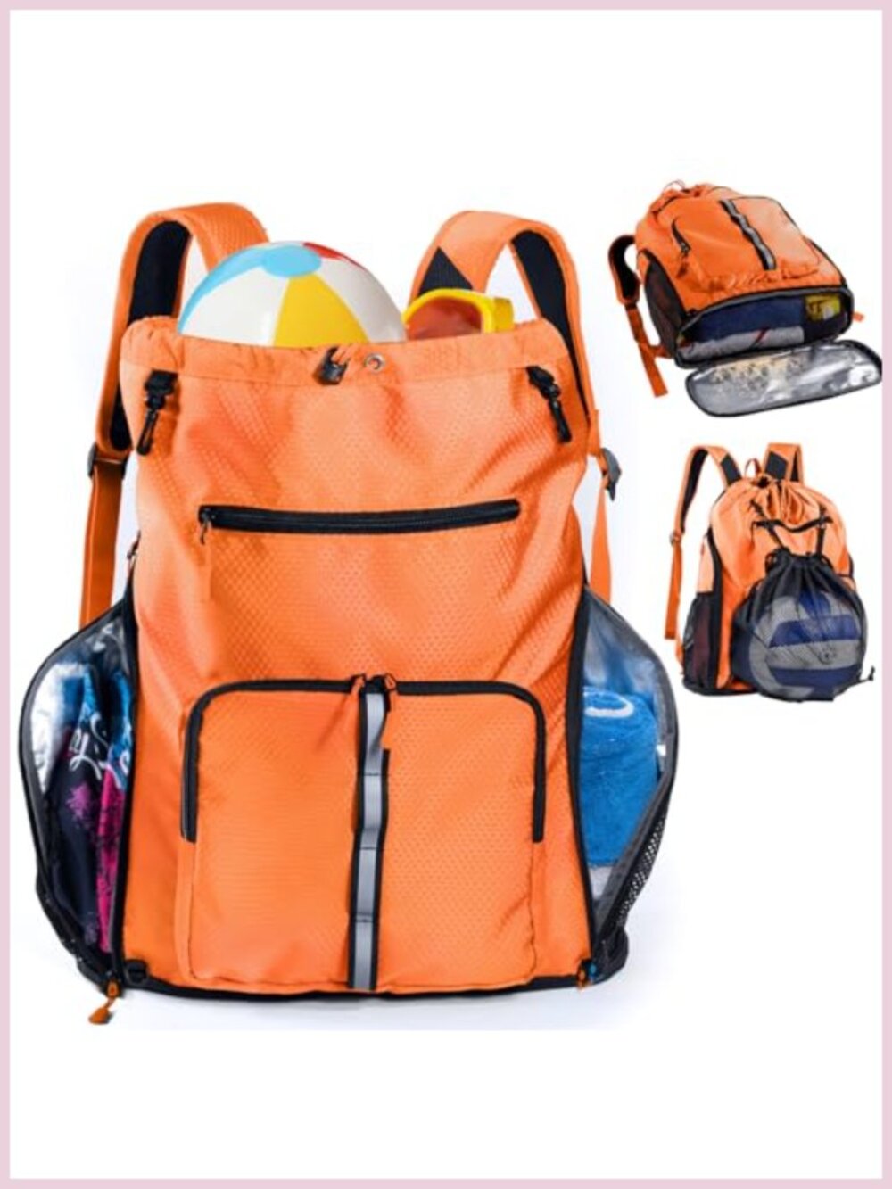 Large Beach Backpack Drawstring SandProof Shoe Compartment Detachable Mesh Bag